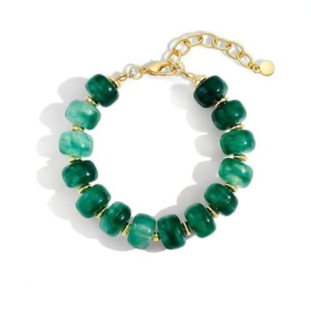 Green Marbled Resin Bead Bracelet Gold Tone Adjustable Lobster Clasp Chunky Boho